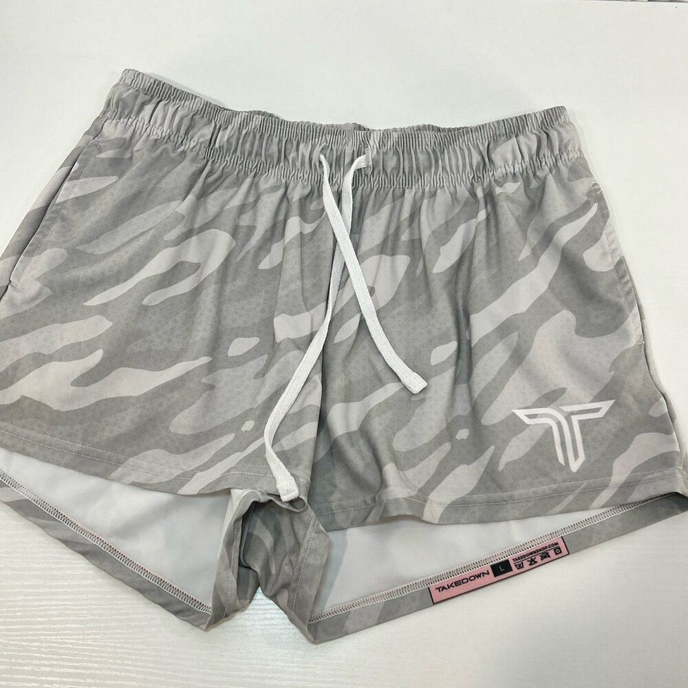 Takedown Shorts Mens Large MMA Grappling Wrestling 5” Gray Camo